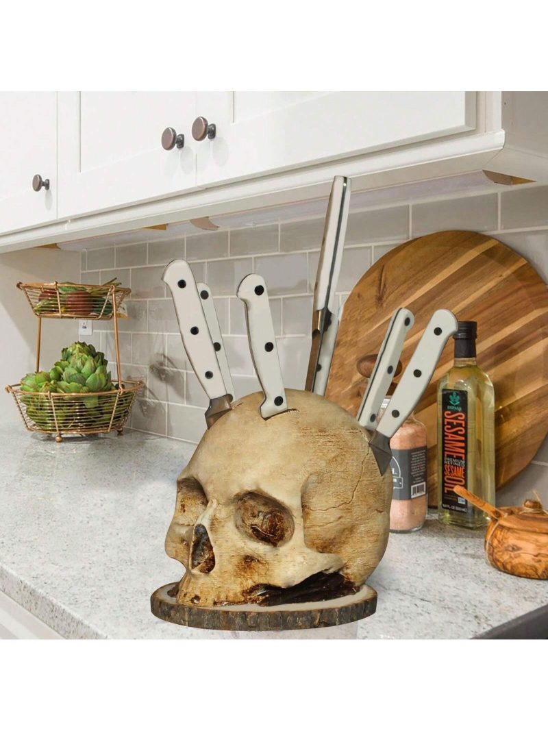 Soporte de cuchillos con diseño añejado en forma de calavera