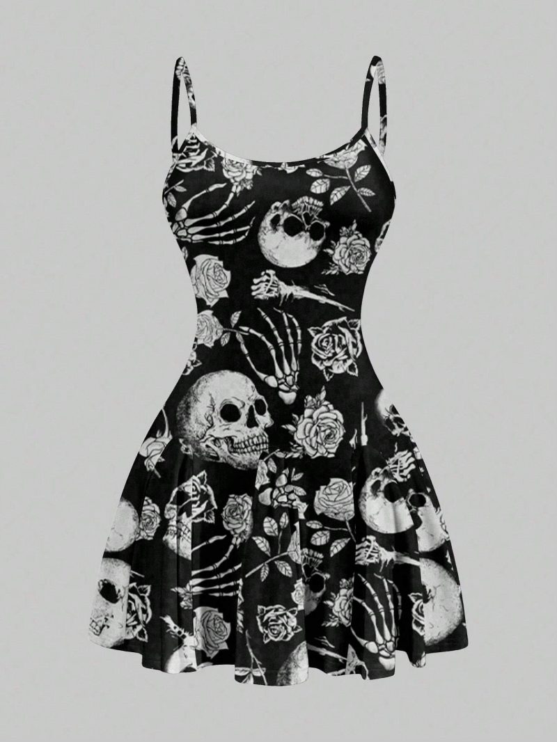 Vestido corto de tirantes con diseño de calaveras y rosas